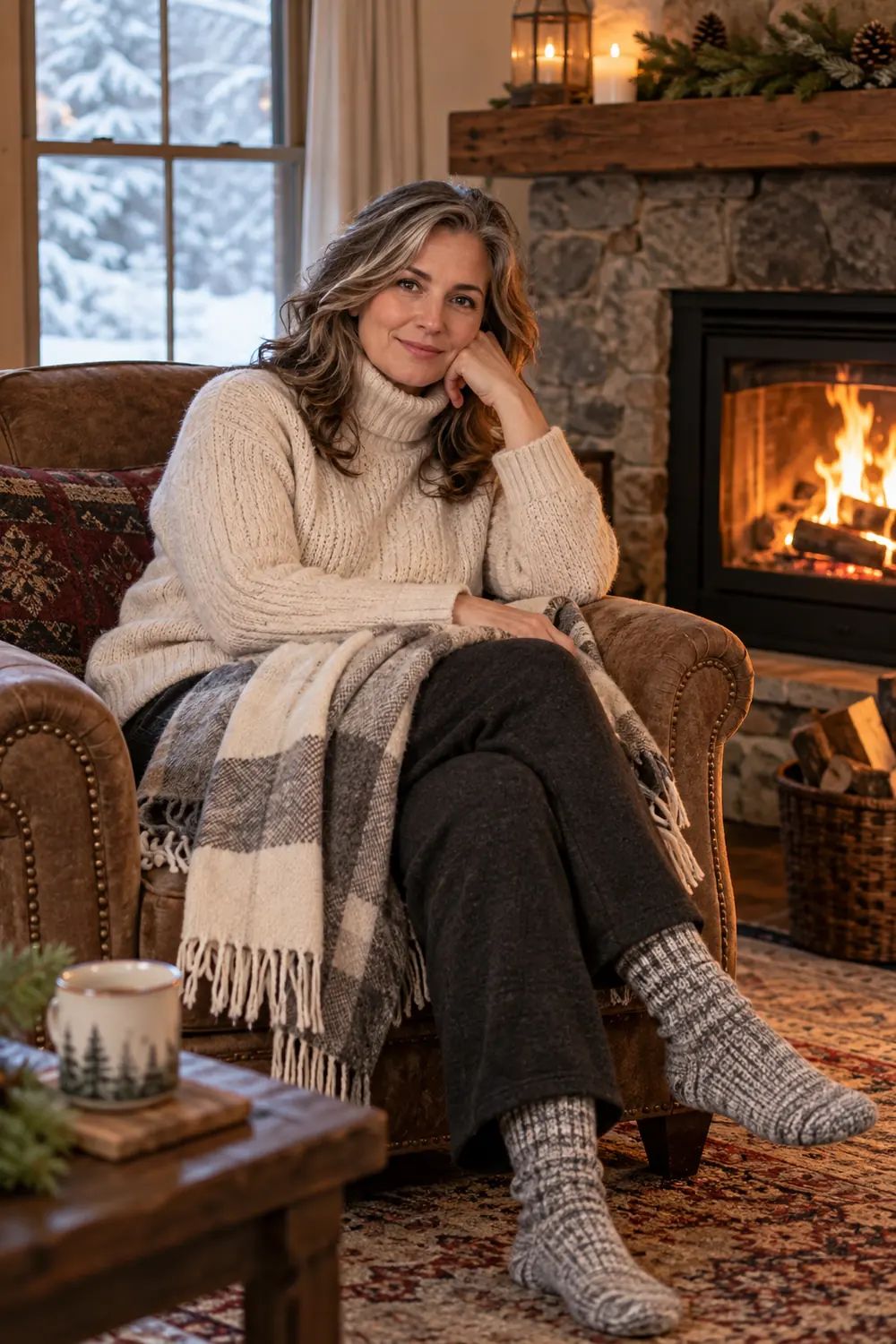 A silver-streaked woman in a cream knit turtleneck sits in an armchair near a fireplace, with a folded throw on her lap and snowy trees visible through a window.