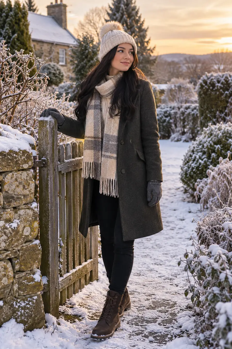A woman in a charcoal wool coat, cream knit cap, scarf, gloves, and boots standing beside a frost-covered garden gate on a snowy path at sunset.