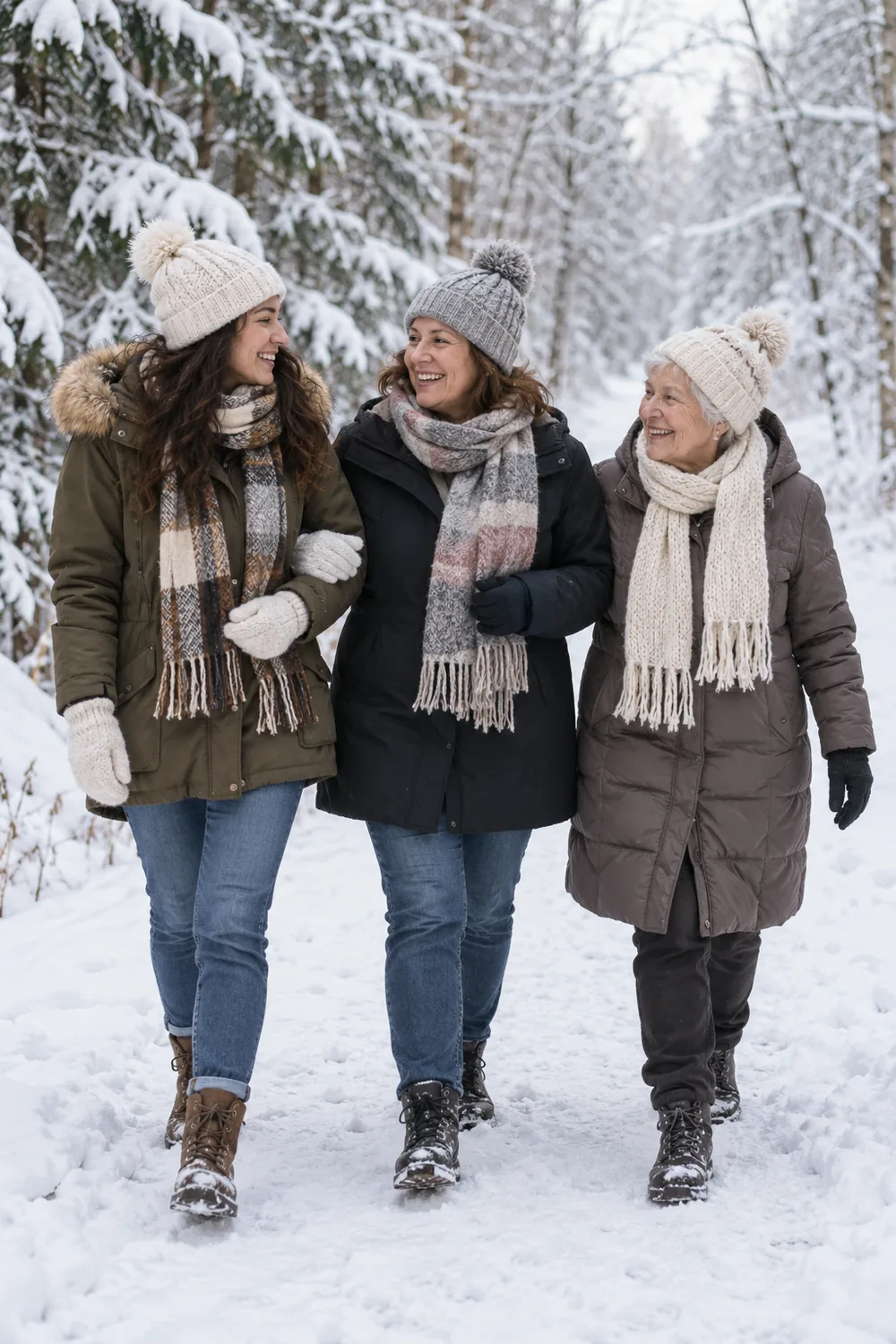 Three adult women in winter coats and knit hats walking together and smiling on a snowy tree lined path.