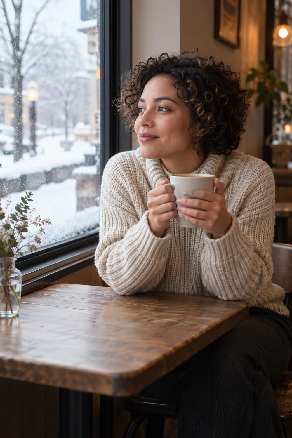 A woman with short natural curls in a cream knit sweater sits at a café table, holding a plain cup and looking toward a snowy window.