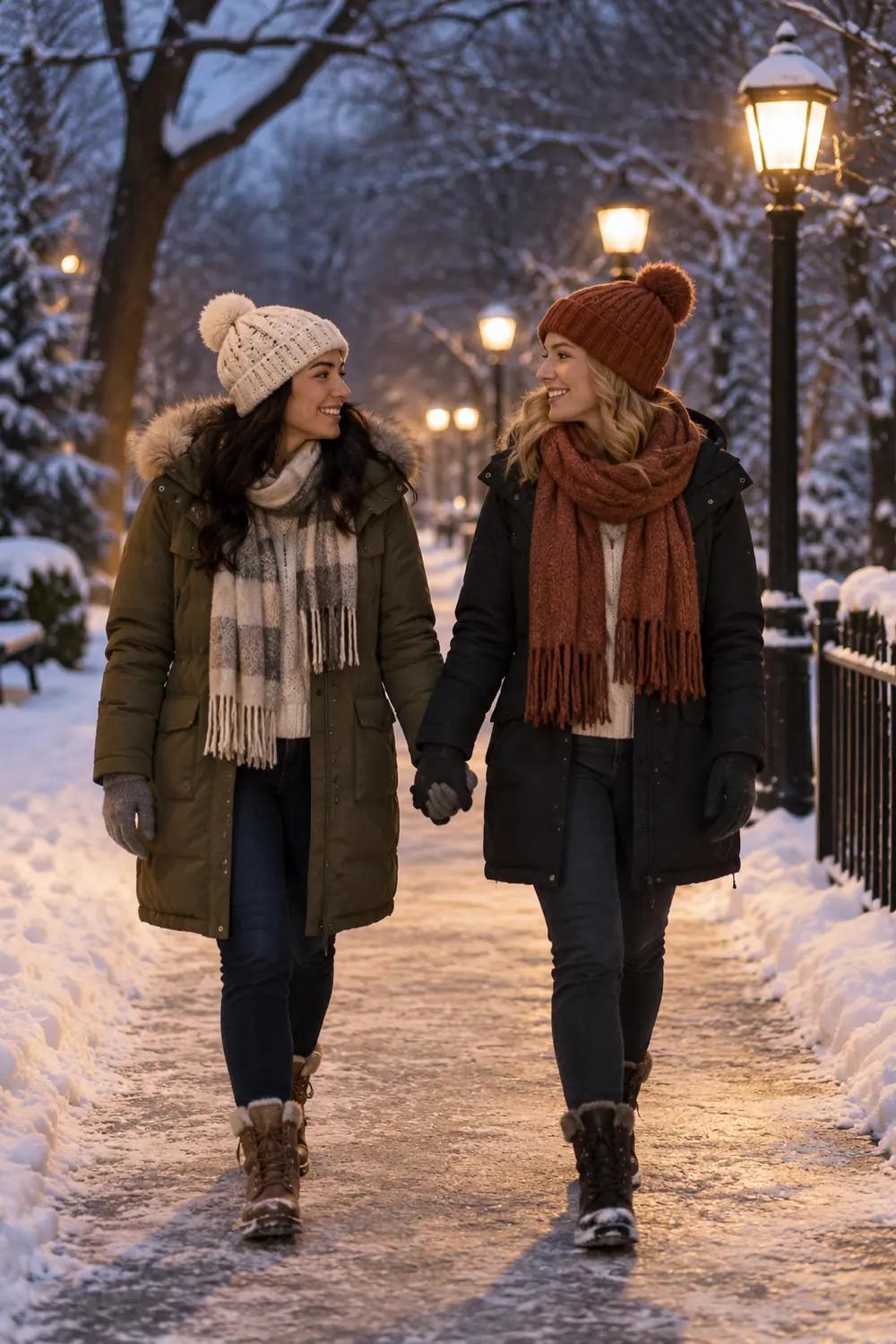 Two adult women in warm winter layers walk hand in hand along a snow-lined, lamplit park path at dusk.