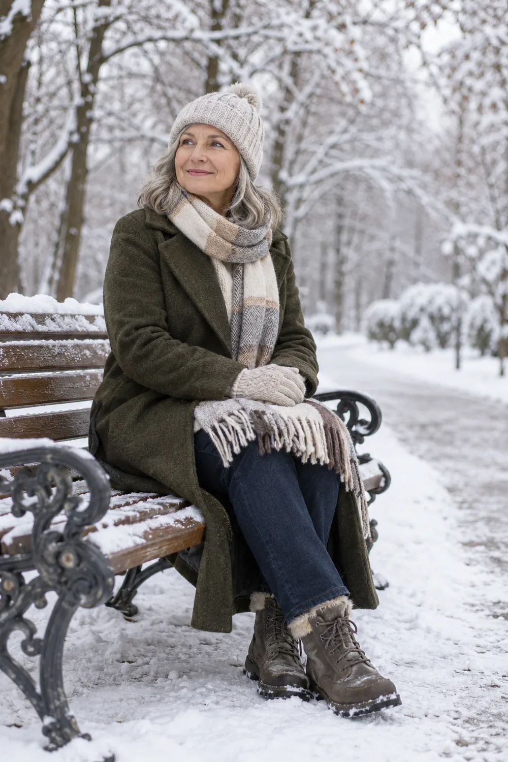 A gray haired woman in warm winter clothing sits on a park bench with a folded scarf across her lap, snowy trees and a clear path behind her.